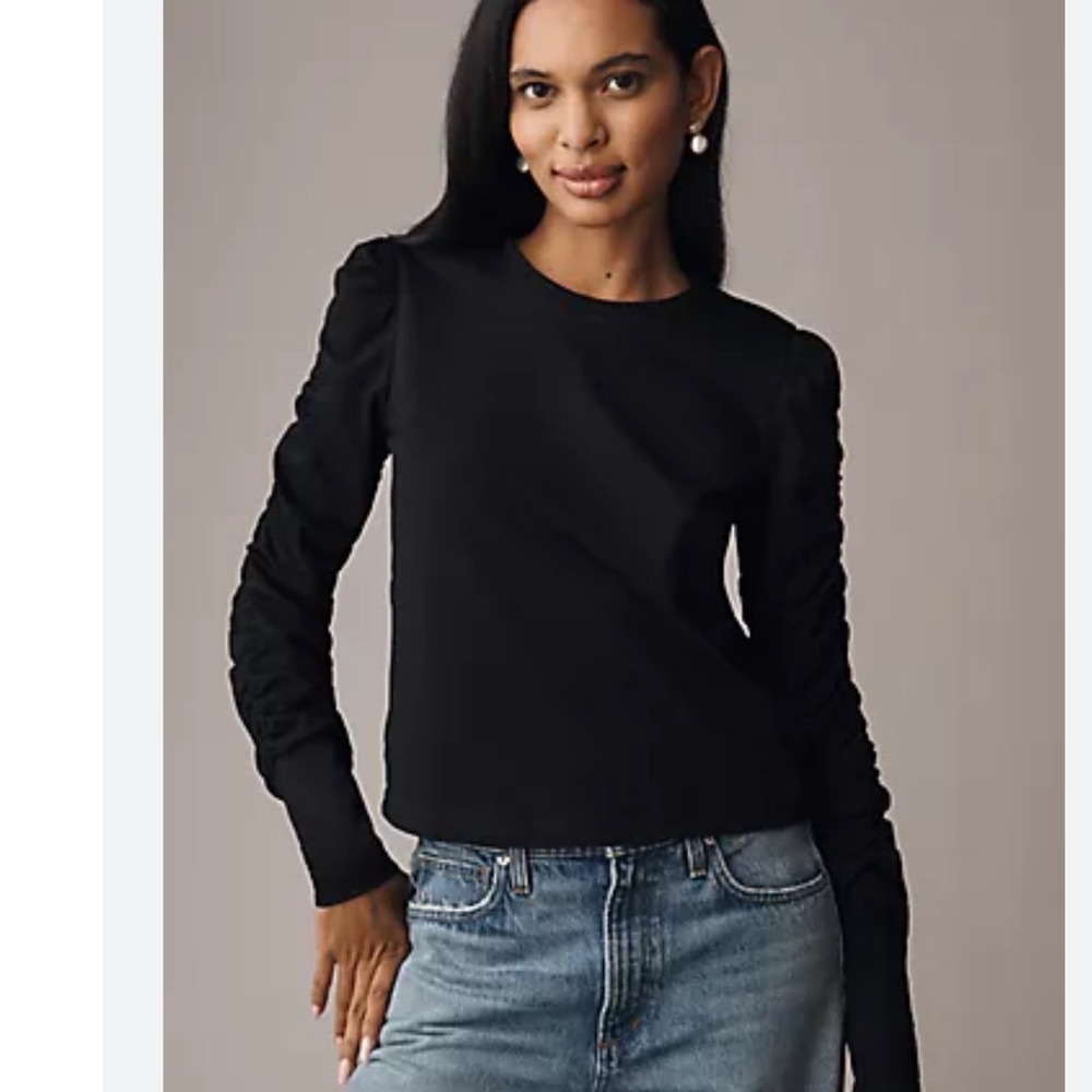 Walter Baker Chaya Top S Black Fitted Stretch Style With Long Ruched Sleeves